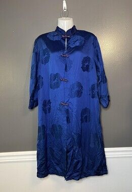 Vintage Queen Kaftan Dress Womens Medium Blue Floral Satin Button Long 70s